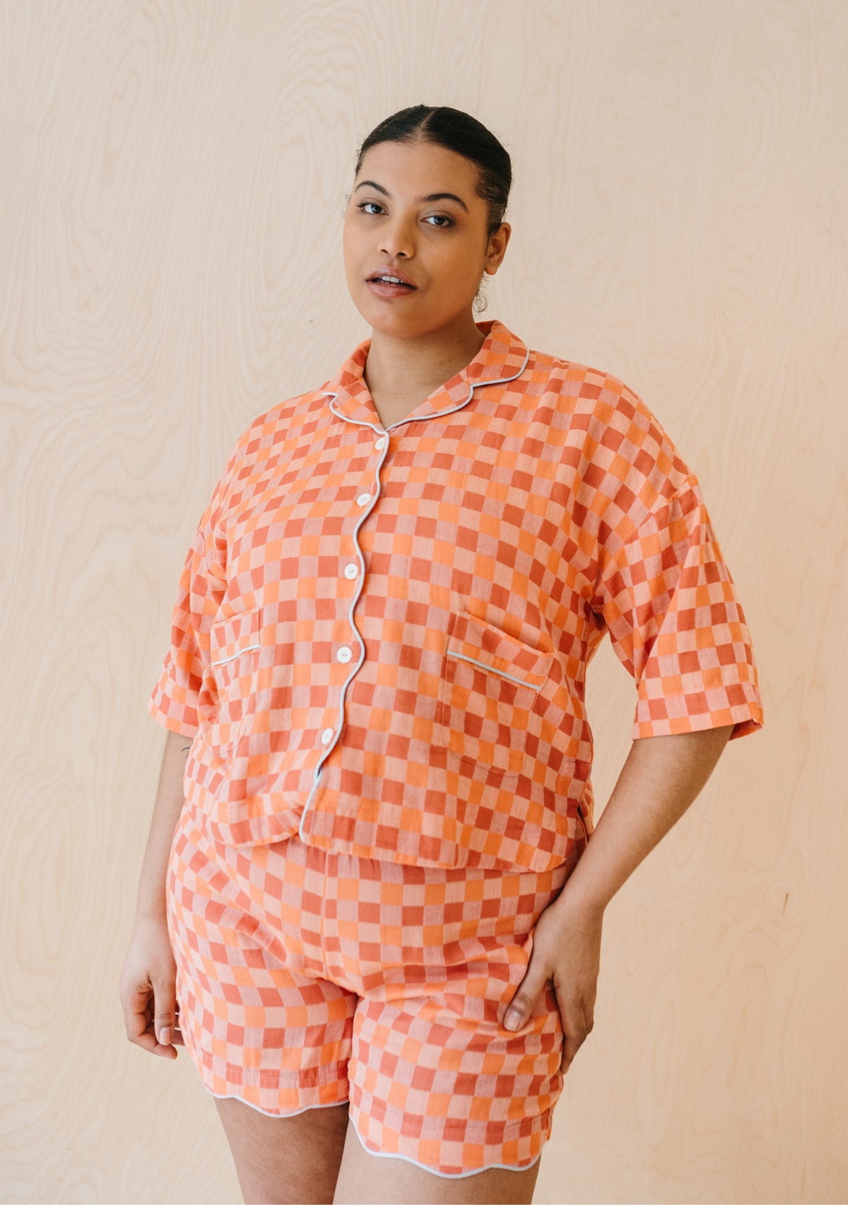 Cotton Pyjamas in Apricot Checkerboard