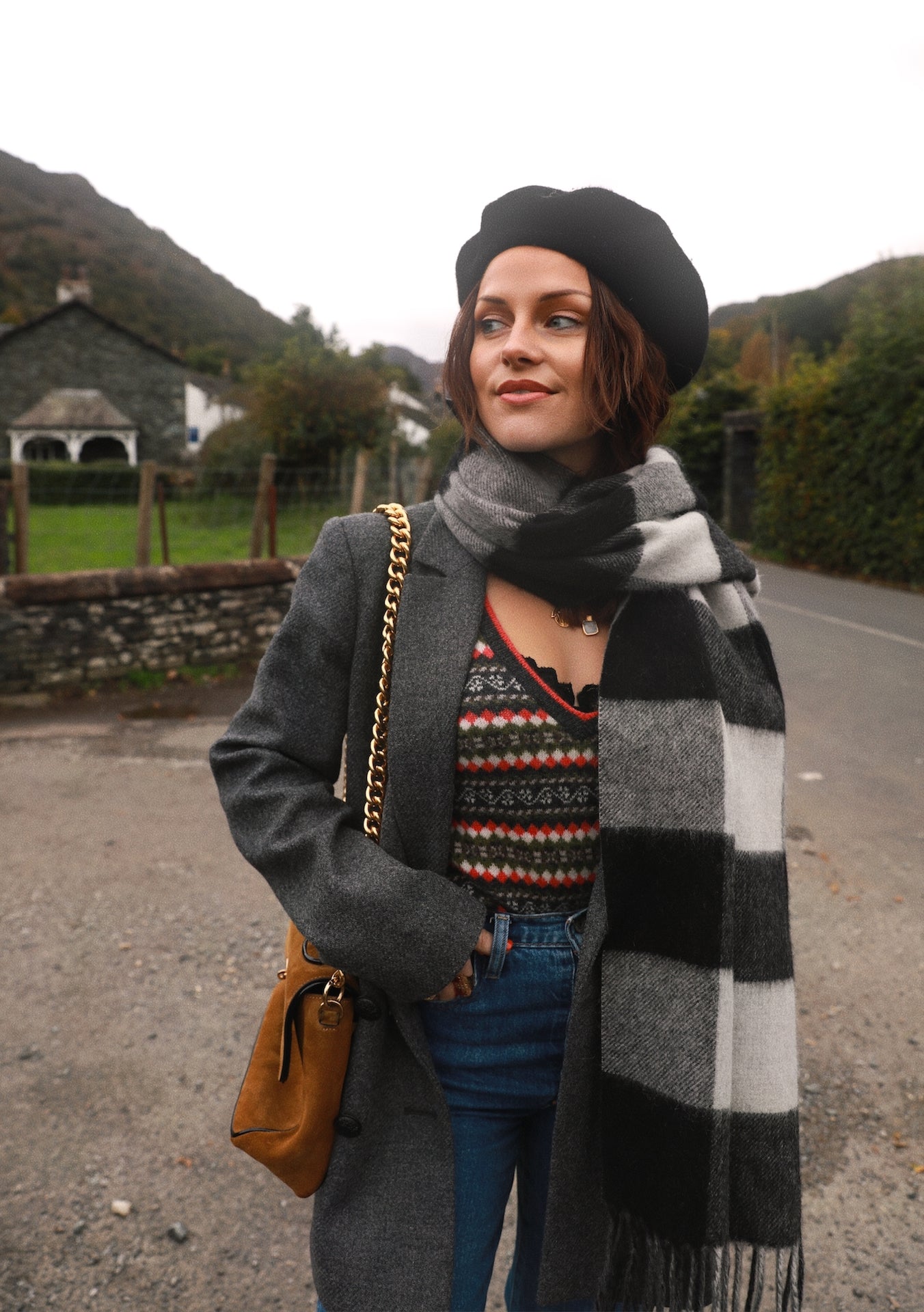 Black and store white scarf outfit