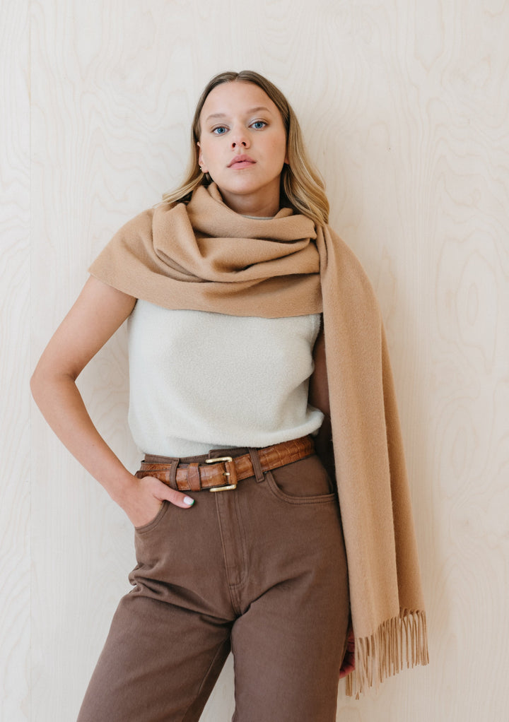 Lambswool Blanket Scarf in Camel