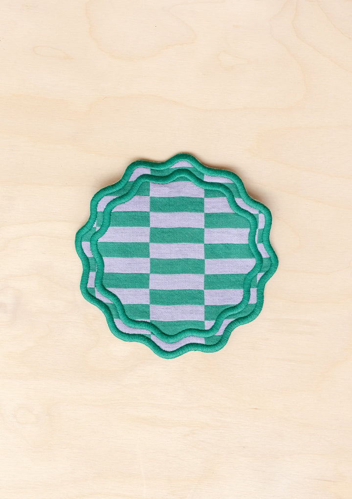 Teal Checkerboard Cotton Coasters Set of 2