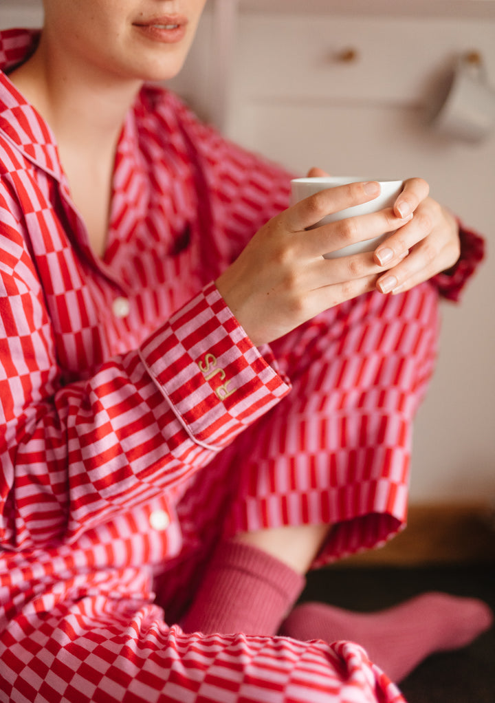 Baumwoll-Pyjama mit rosa Schachbrettmuster