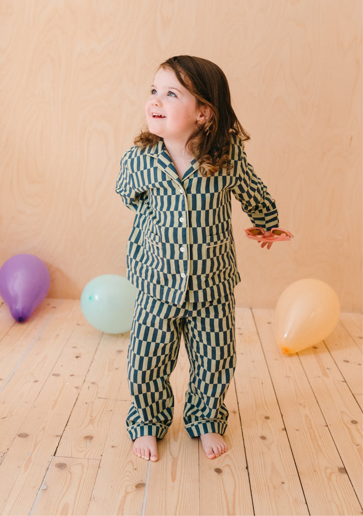 Cotton Kids Pyjamas in Green Checkerboard