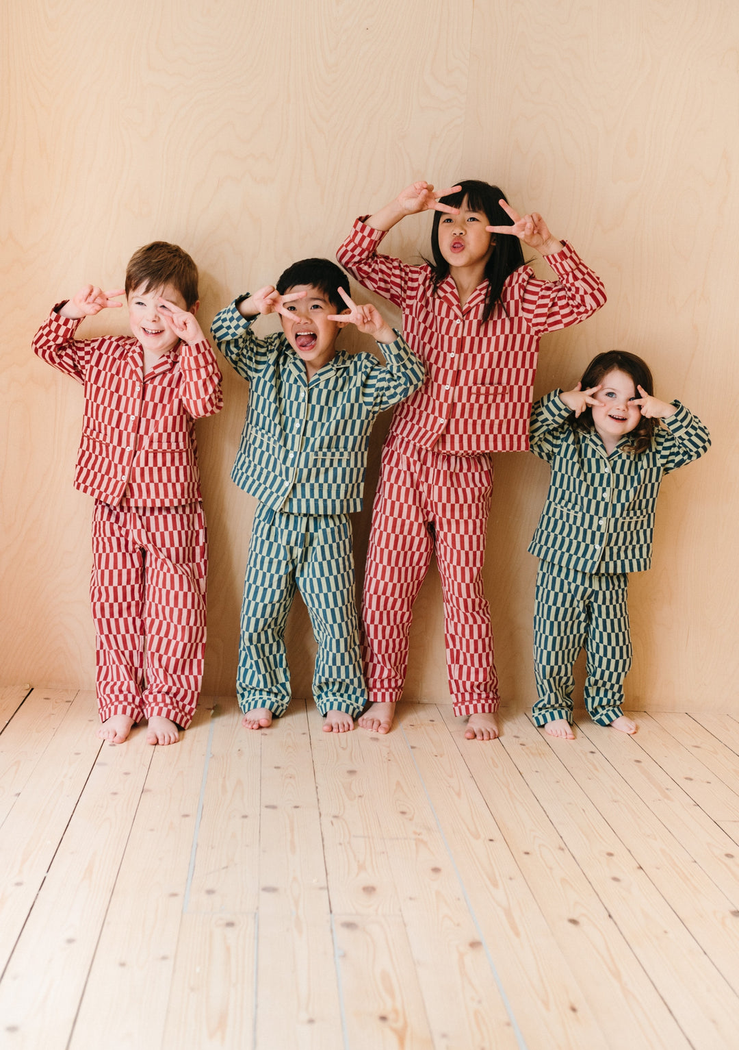 Cotton Kids Pyjamas in Green Checkerboard