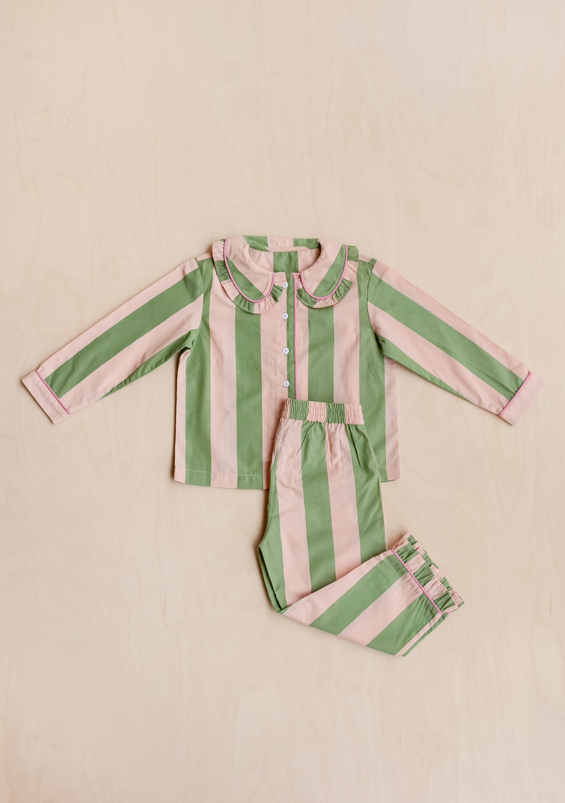 Cotton Kids Pyjamas in Green Stripe TBCo