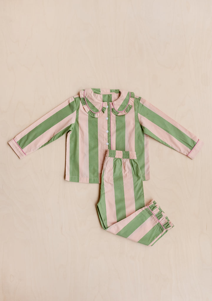 Cotton Kids Pyjamas in Green Stripe