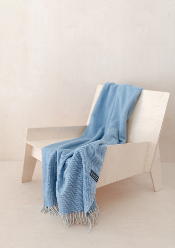 Recycled Wool Small Blanket in Sky Blue Herringbone