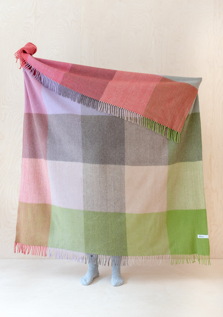 Recycled Wool Blanket in Coral Herringbone Block Check