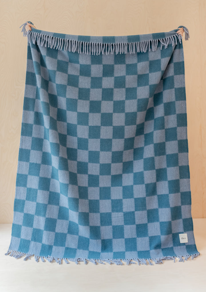 Imperfect Brushed Recycled Wool Blanket in Blue Checkerboard