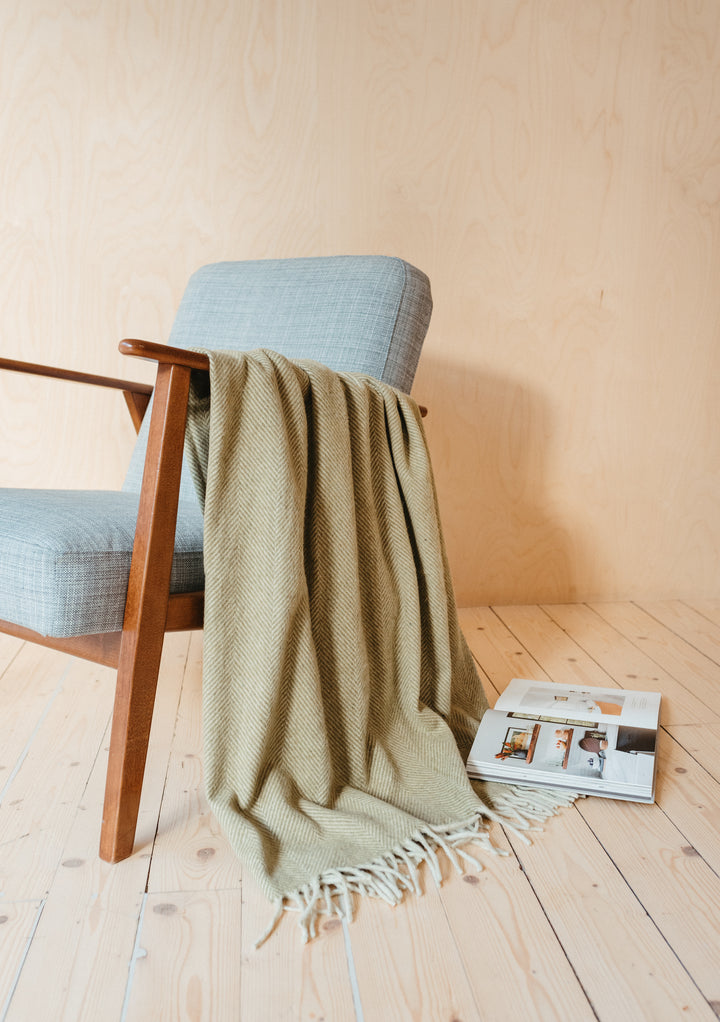 Recycled Wool Blanket in Olive Herringbone