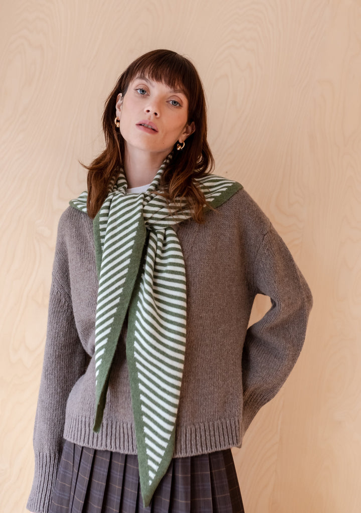 Large Merino Triangle Scarf in Green Stripe