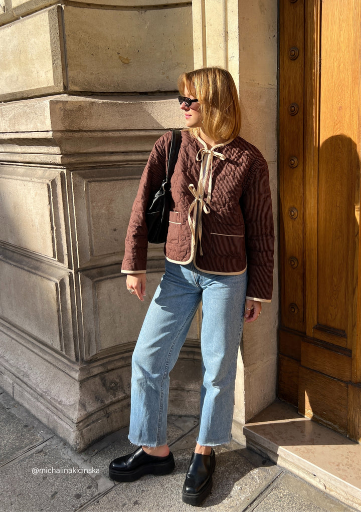 Veste matelassée en coton à rayures célestes réversibles marron