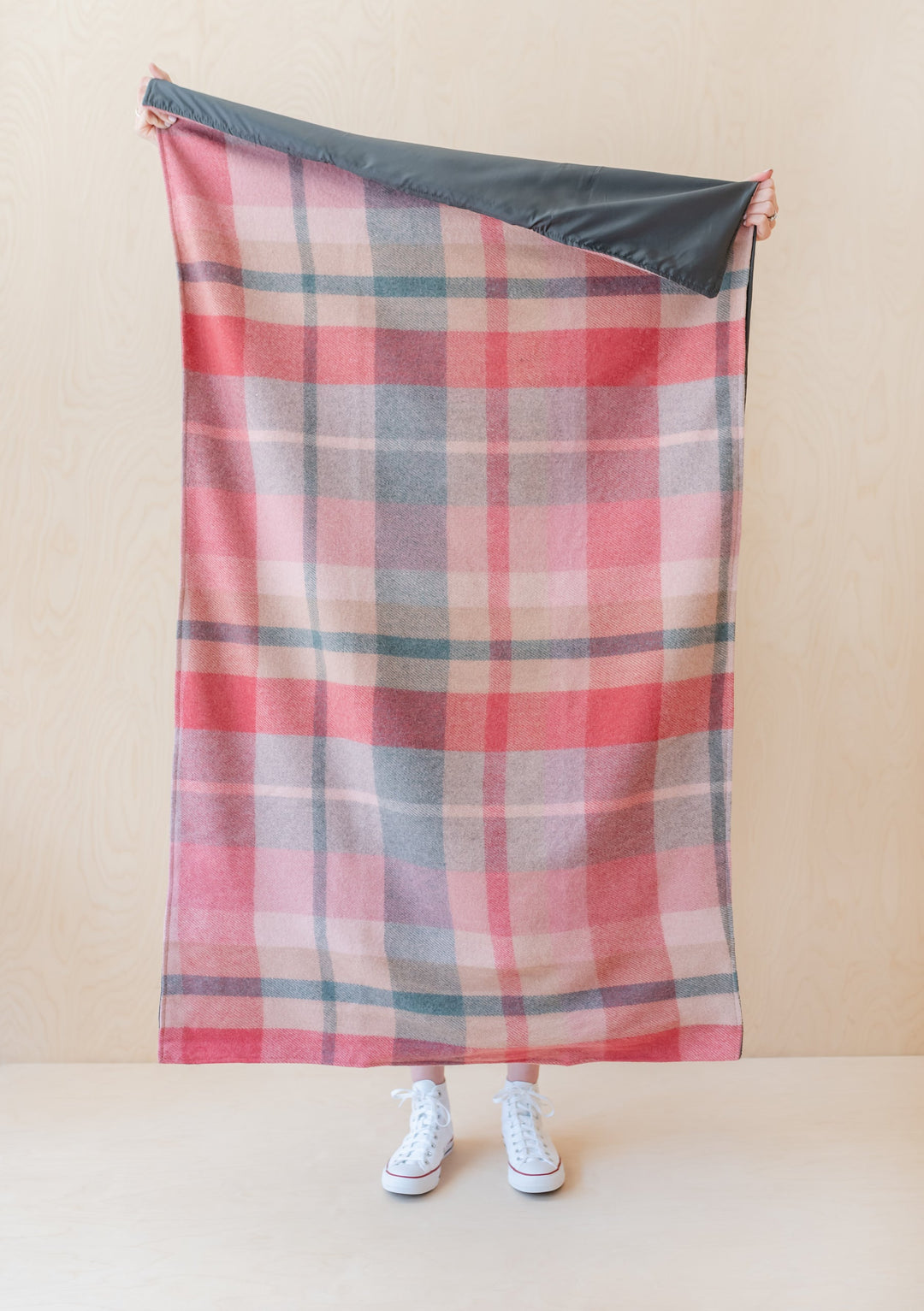 Recycled Wool Small Picnic Blanket in Pink Patchwork Check