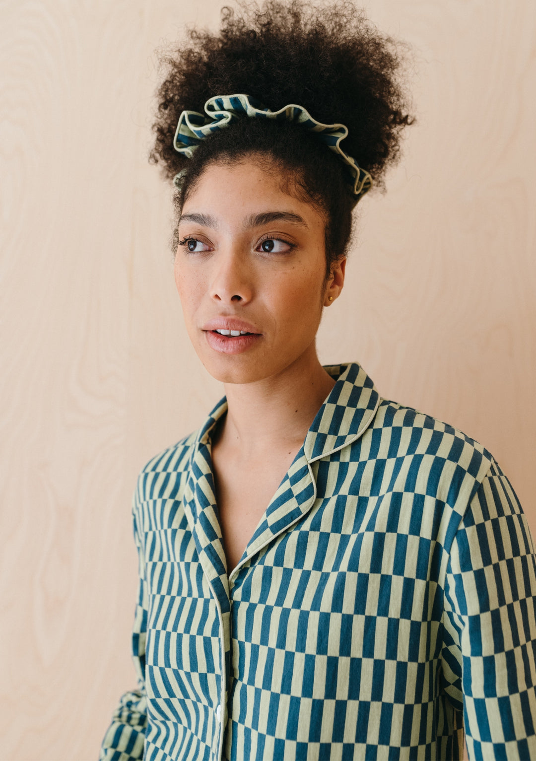 Cotton Oversized Scrunchie in Green Checkerboard