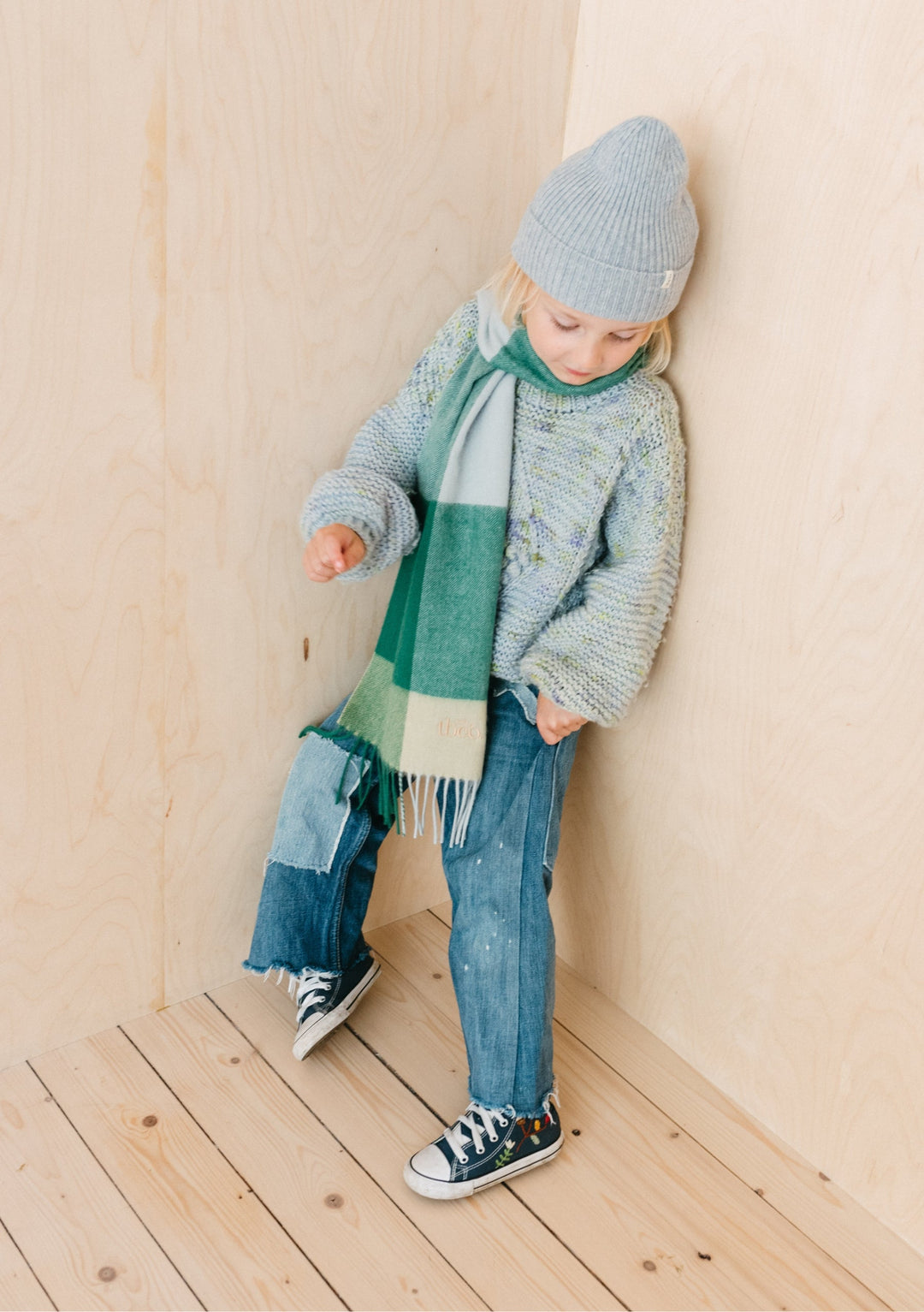 Lambswool Kids Scarf in Green Grid Check