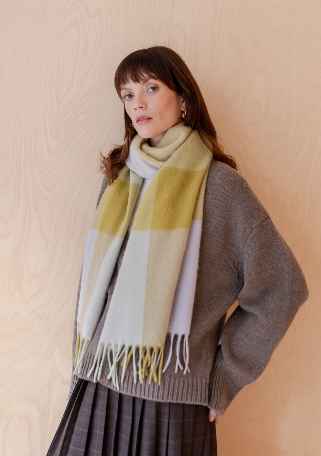 TBCo Lambswool Oversized Scarf in Sage Block Check featuring green, lavender and blue colour blocks with fringed edges