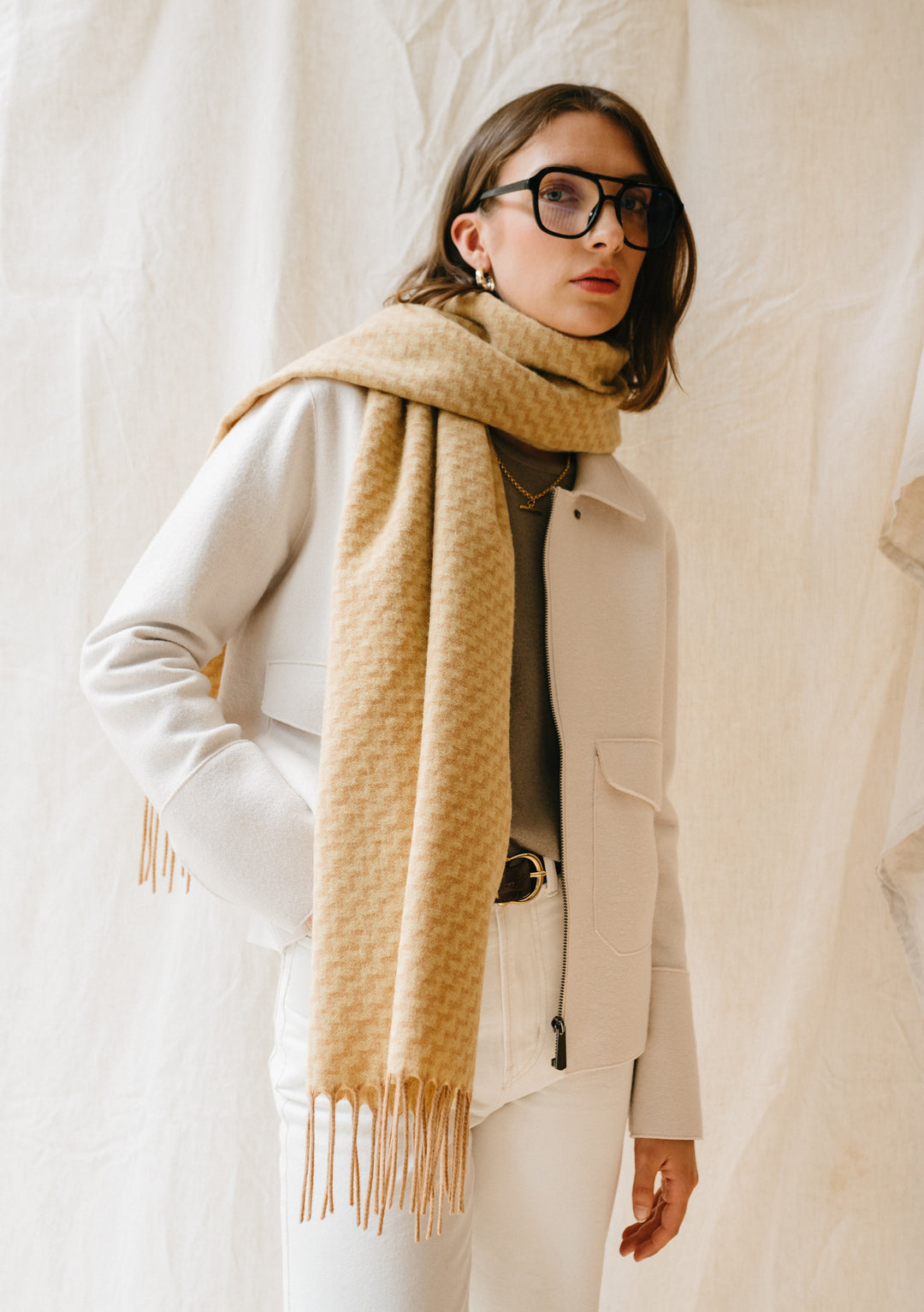 Lambswool Oversized Scarf in Buttermilk Chevron