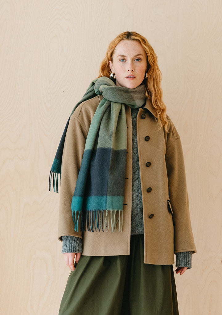 Lambswool Oversized Scarf in Green Edge Check