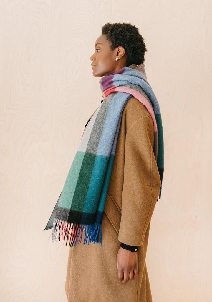 Lambswool Blanket Scarf in Blue Modern Check