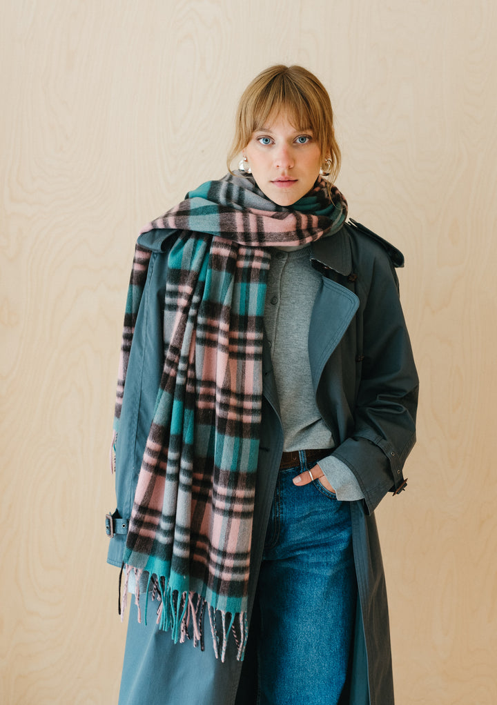 Lambswool Blanket Scarf in Green Tartan Check