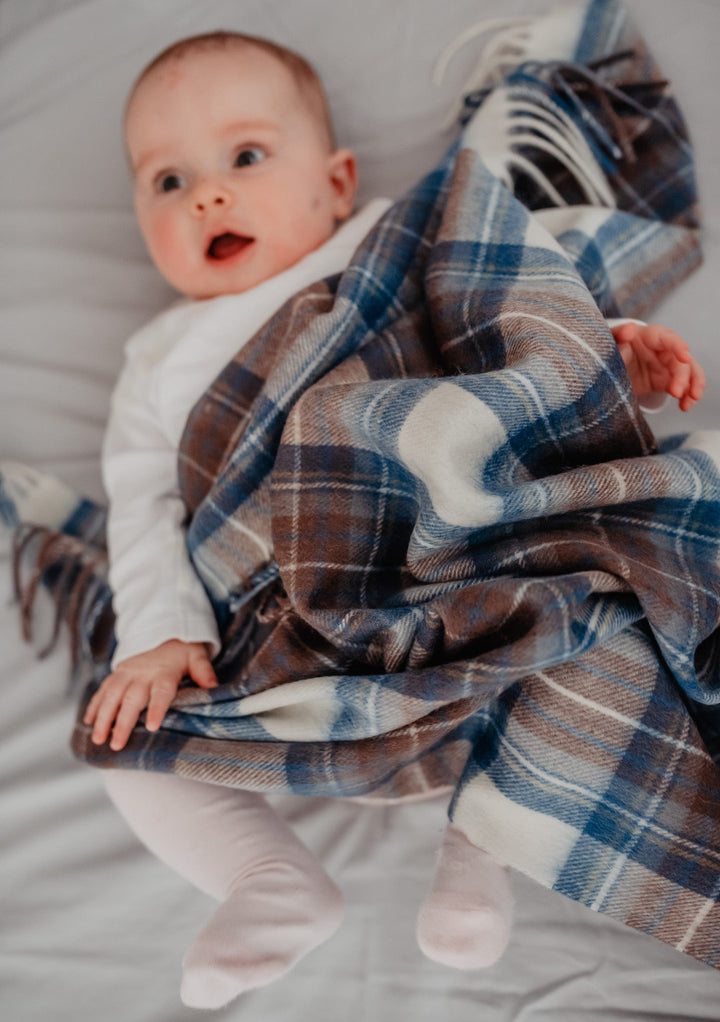 Lambswool Baby Blanket in Stewart Muted Blue Tartan